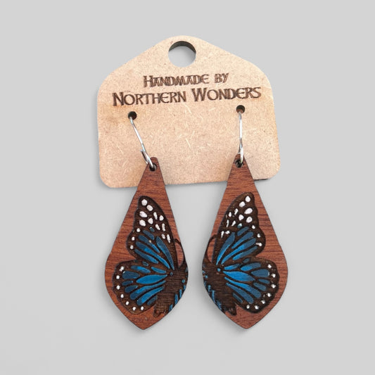 Blue Monarch Wood Earring