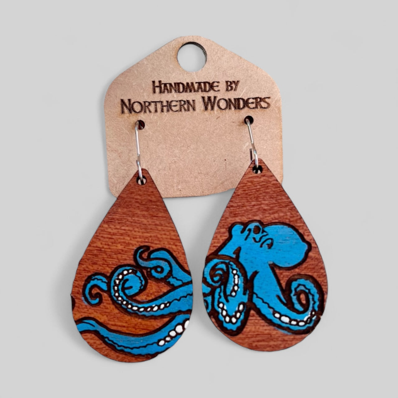 Blue Octopus Wood Earring