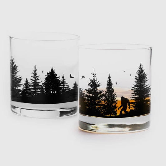 Bigfoot in the Forest Whiskey Glasses